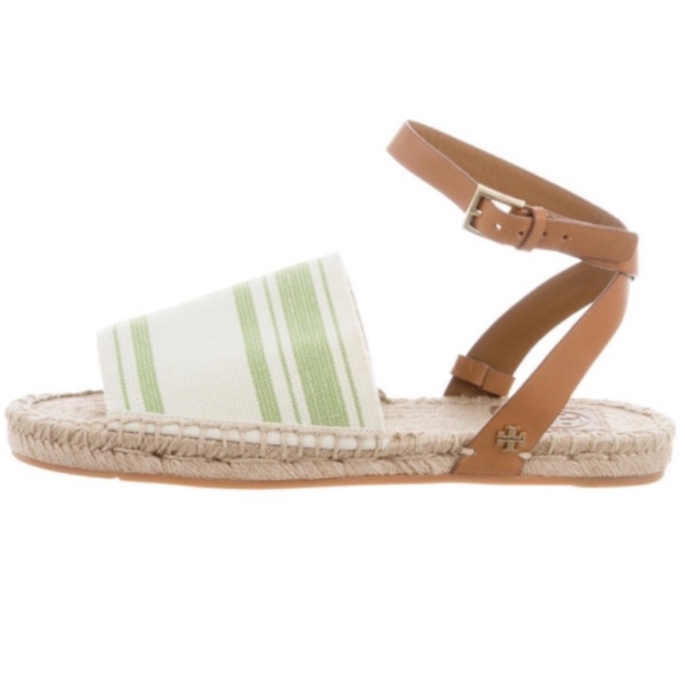 Tory Burch Green Stripe and Tan Leather Espadrilles